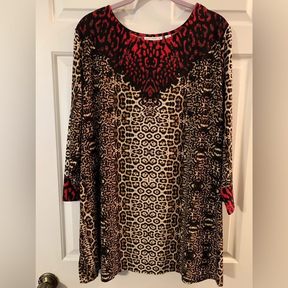 Susan Graver animal print and red tunic with 3/4 length sleeves